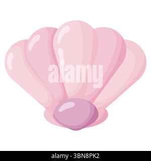 Eine bezaubernde Vektor-Illustration einer süßen, isolierten rosa Muschelschale mit einer lila Perle. Es hat weiche, geschwungene Grate. Perfekt für Kinderdesigns, nu Stock Vektor