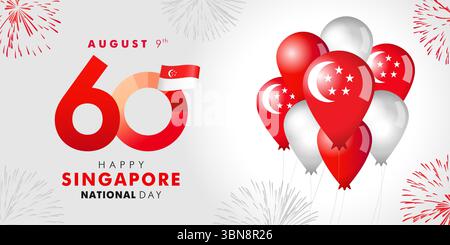 60 Jahre Singapur Nationalfeiertag mit Flagge, Ballons und Feuerwerk. 60. Unabhängigkeitstag von Singapur 2025 Posterdesign - Majulah Singapura. Vektor Stock Vektor