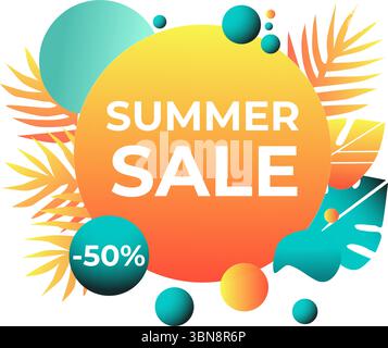 Helle Sommer-Banner mit tropischen Blättern, geometrischen Formen und Rabattetiketten. Farbenfrohes Vektordesign mit Verläufen, perfekt für Werbeaktionen, soziale Medien, Anzeigen und Shop-Kampagnen Stock Vektor