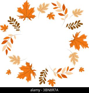 Bunter Kranz aus Herbstblättern aus Ahorn, eberesche, Eiche. Isoliert auf weißem Hintergrund. Handgezeichnete Vektorgrafik. Warme Herbsttöne. Stock Vektor