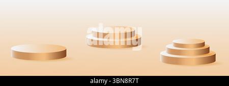 Set aus beigefarbenen, goldenen 3D-Podesten unterschiedlicher Höhe. Bühnenaufteilung, Ausstellungsraum für Studio, Sockel für Ausstellungsraum. Vektorpodium für Präsentation oder Auszeichnung. Stock Vektor