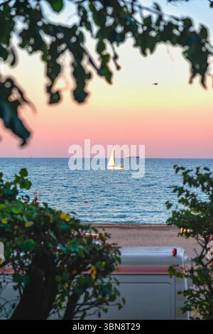Das Segelboot gleitet bei Sonnenuntergang über das ruhige Meer, eingerahmt von Ästen und warmem, pastellfarbenen Himmel in der Ferne. Konzept des Segelbootes, friedliche Flucht, abendliche Ruhe Stockfoto