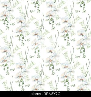 Pastelltöne mit nahtlosem Muster in Floral Aquarell mit Orchideen, Knospen und hellen Blattzweigen isoliert. Subtiler botanischer Wiederholungsdruck, handgezeichnet Stockfoto