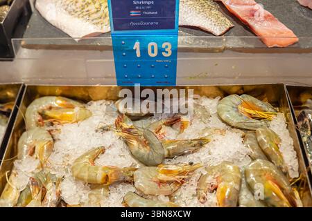 Ein Display, frische Garnelen auf Eis, mit einem Preisschild. Gourmet-Markt, Siam Paragon, Bangkok, Thailand Stockfoto