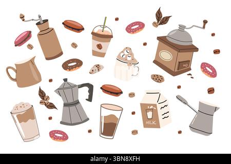 Kaffeeliebhaber freuen sich auf klassische Kaffeemühle und süße Köstlichkeiten für gemütliche Morgenstunden oder Café-Dekor. Stock Vektor