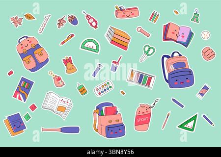 Bunte Aufkleber für Schulbedarf mit Notizbüchern und Rucksäcken. Stock Vektor