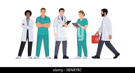 Gruppe von Ärzten und Gesundheitspersonal, die zusammen stehen und lächeln, isoliert Stock Vektor