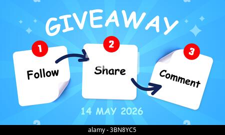 Werbegeschenk Ankündigung Social Media Post Vorlage drei Schritte. Folgen, Teilen, kommentieren. Vektorabbildung Stock Vektor