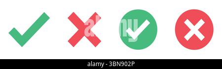 Satz grüner Häkchen und roter diagonaler Kreuzsymbole isoliert auf weißem Hintergrund, grafische Abbildung. Konzept der Genehmigungs- und Fehlersymbole, UI Bu Stock Vektor