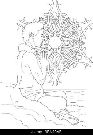 Eine ruhige schwarz-weiße Strichgrafik-Illustration, die eine Person mit lockigen Haaren in einer meditativen Lotus- oder Gebetsposition mit geschlossenen Augen und zeigt Stock Vektor