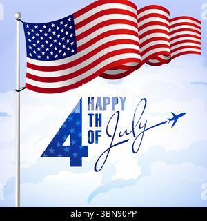 Kreatives Poster mit 3D-Flagge der USA und fliegendem Flugzeug in blauem Himmel und realistischen Wolken. Grußkartendesign. Happy Indepe Stock Vektor