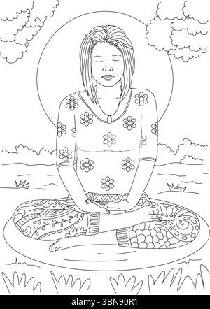 Eine ruhige schwarz-weiße Strichgrafik-Illustration, die eine Person in einer meditativen Lotuspose darstellt. Die Figur mit geschlossenen Augen ist umgeben von einer Ruhe Stock Vektor