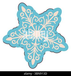 Hand gezeichnetes Schneeflocken-Symbol isoliert auf weißem Hintergrund. Niedliche Flachschnee-Ikone mit schlichtem Umriss und blauer Silhouette von Eispartikeln. Stock Vektor