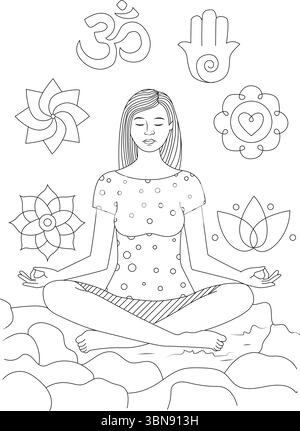 Eine schwarz-weiße Strichgrafik-Illustration zeigt eine Frau, die in einer friedlichen Lotus-Meditationsposition sitzt, mit geschlossenen Augen und Händen in einer Mudra. Sie Stock Vektor