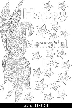 Schwarz-weiße Umrissillustration zum Ausmalen mit dem Text „Happy Memorial Day“ umgeben von patriotischen Sternen. Auf der linken Seite ist ein Stock Vektor