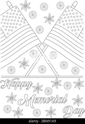 Eine detaillierte Schwarzweiß-Umrissdarstellung für eine Ausmalseite zum Happy Memorial Day. Das Design zeigt zwei stilisierte amerikanische Flaggen, die mit gekreuzt sind Stock Vektor