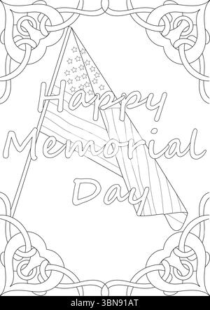 Eine saubere, schwarz-weiße Strichgrafik-Illustration für den Memorial Day. Das Design zeigt eine stilisierte amerikanische Flagge mit ihren charakteristischen Sternen und Streifen Stock Vektor