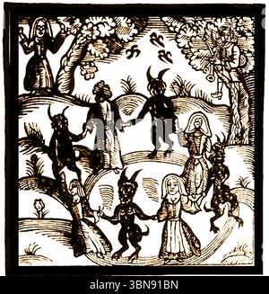 Dunkle Künste und Hexerei in den 1600er Jahren - Ein Zirkel, der mit Teufeln tanzt Stockfoto