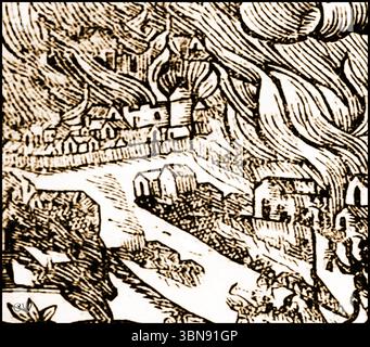 1533 Großfeuer bei Schiltac (Schiltach), Wirtemburg (Württemberg), Bayern, Deutschland beschuldigt Hexerei und Dämonen. Die Einheimischen beschuldigten ihn auf magische Brandstiftung durch eine unbeliebte ehemalige Bürgermeisterin, die kürzlich unter Verdacht des Diabolismus entlassen worden war -1533 großer Brand in Schiltac (Schiltach), Württemberg, Bayern, Deutschland, der auf Hexerei und Dämonen zurückgeführt wurde. Die Einheimischen führen den Brand auf magische Brandstiftung durch eine unbeliebte ehemalige Magd des Bürgermeisters zurück, die kurz zuvor wegen des Verdachts der Teufelei entlassen worden war Stockfoto