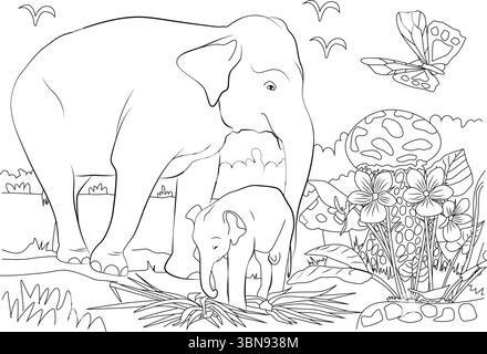 Diese bezaubernde schwarz-weiße Strichgrafik-Illustration fängt einen zarten Moment zwischen einer Elefantenmutter und ihrem Baby-Kalb in einer üppigen natürlichen Umgebung ein Stock Vektor