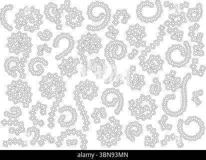 Eine Sammlung detaillierter abstrakter geometrischer Muster in Schwarz und weiß mit einer Reihe komplizierter Designs, darunter wirbelnde Linien von Kreisen, Int Stock Vektor