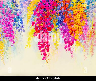 Abstraktes Aquarell Original Gemälde bunt von Orchideenblumen und Emotionen auf weißem Hintergrund. Stockfoto