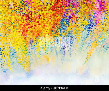 Abstraktes Aquarell Original Gemälde bunt von Blumen Fantasie und Emotionen in Himmel und Wolken Hintergrund. Handgemalte Abbildung. Stockfoto