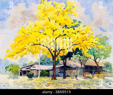 Aquarellmalerei Original Landschaft gelb, orange Farbe der goldenen Baum Blumen Vorderhaus in Himmel und Wolken Hintergrund Stockfoto