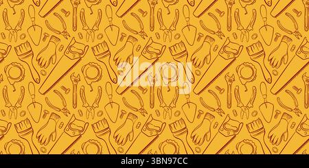 Nahtloses Muster von Reparaturwerkzeugen im Linienart-Stil auf gelbem Hintergrund. Design mit Zangen, Schraubenschlüsseln, Handschuhen, Sägen für Tapetenbau Stock Vektor