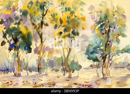 Aquarell abstrakte Malerei ursprüngliche Landschaft bunt vom Abendlicht im Berg und Emotionen auf blauem Hintergrund Stockfoto