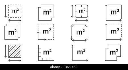 Quadratmetersymbol mit M2-Schild. Vektorumrissdarstellung der Messung flacher Flächen. Symbol für Grundstücksgröße, Hausmaße, Immobilien oder Zimmer Stock Vektor