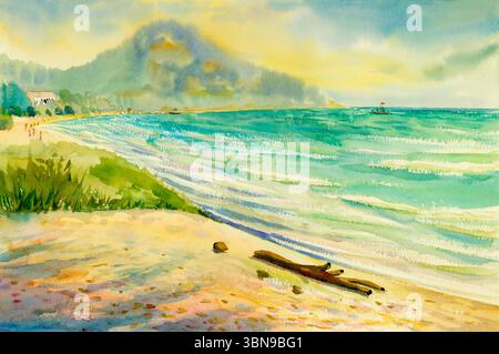 Aquarell Meereslandschaft Original Gemälde farbenfroh über Unterwasserleben und Emotionen in Bergen Himmel Wolken Hintergrund Stockfoto