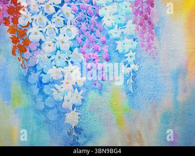 Abstrakte Aquarellmalerei auf Papier bunt von Orchideenblume und Emotionen auf blauem Hintergrund. Stockfoto