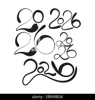 Ein kreatives Set mit „2026“-Designs in schwarzem kalligrafischem Schriftzug. Ideal für zukünftige Neujahrsgrafiken, Branding, Werbeaktionen für Veranstaltungen und moderne Dekorationen Stock Vektor