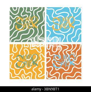 Set aus vier farbenfrohen abstrakten Sommerhintergründen mit handgeschriebenem „Sommer“-Text und weißen, welligen Kritzellinien in Grün, Blau, Orange und Gelb. Hell Stock Vektor