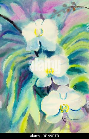 Abstraktes Aquarell Originalgemälde weiße Farbe der Orchideenblume und der grünen Blätter auf blauem Hintergrund. Stockfoto