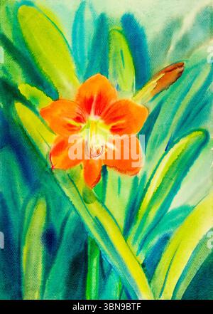 Aquarell Original Gemälde auf Papier rote Blume von amaryllis Blume und grüne Blätter auf blauem Hintergrund. Stockfoto