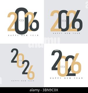 Stilvolles Neujahrsvektorset 2026 mit moderner Typografie in Schwarz und Gold. Perfekt für Karten, Banner und festliche Designs mit einem klaren, minimalistischen A Stock Vektor