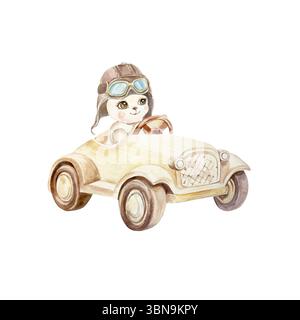 Teddybär im Helm, der Holzspielzeugauto fährt. Handgezeichnete Aquarellillustration isoliert auf weiß. Für Geburtstagskarten, Babyduscheinladungen, Wallpa Stockfoto