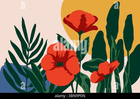 Blumenkunsthintergrund mit blühenden Mohnblumen und grünen Blättern. Handgezeichnete botanische Karte mit Kopierraum Stock Vektor
