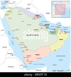 Karte der staaten auf der Arabischen Halbinsel Stockfoto
