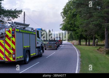 28. Juni 2025. Carrbridge und Grantown in Spey, Schottland. Dies ist ein sehr großes, vom Wind angetriebenes Waldfeuer auf den Hügeln zwischen Carrbridge und Grantown und S Stockfoto