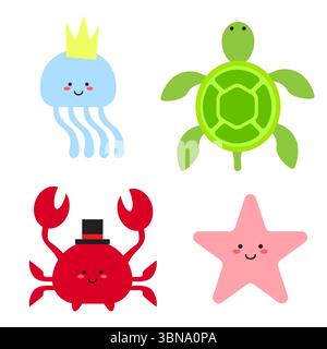 Vektorset für Meerestiere. Krabben, Seesterne, Quallen, Schildkröten Stock Vektor