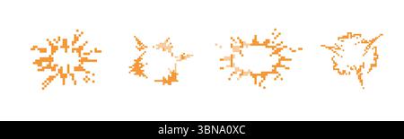 Mosaikpixelsymbole, die leuchtend orange Burst-Formen im Retro-8-Bit-Stil darstellen Stock Vektor