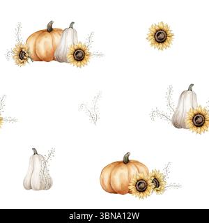Nahtloses Muster mit Aquarellillustration von weißen und orangen Kürbissen mit Stiel- und Kletterpflanzen und Blumen. Handgezeichnete Kunst für Herbstdekor Stockfoto