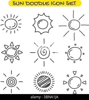 Niedliche Doodle-Sonnenkollektion. Handgezeichnetes Illustrationsset Stock Vektor