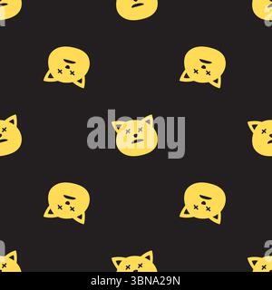 Niedliches Katzenmuster. Nahtloses Vektormuster mit gelbem Katzenkopf auf schwarzem Hintergrund Stock Vektor