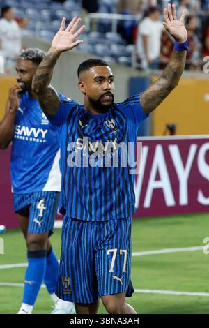 Orlando, Etats Unis. 30. Juni 2025. Malcom Filipe Silva de Oliveira von Al-Hilal feiert den Sieg nach der FIFA Club-Weltmeisterschaft 2025, Achtelfinale, Fußballspiel zwischen Manchester City und Al-Hilal am 30. Juni 2025 im Camping World Stadium in Orlando, Florida, USA - Foto Jean Catuffe/DPPI Credit: DPPI Media/Alamy Live News Stockfoto