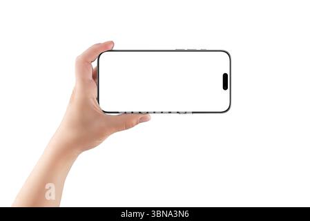 Die Hand hält das Smartphone im Querformat, perfekt für App-Mockups im Vollbild, Videovorschauen oder Vorführungen der Benutzeroberfläche Stockfoto