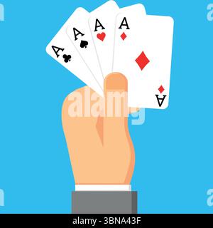 Hand hält Spielkarten mit 4 Assen, Glücksspiel- oder Freizeitgrafik Stock Vektor